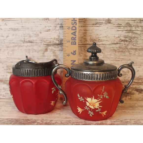 Antique Victorian Cream and Sugar Jars Pigeon Blood Glass Cranberry Red - Picture 4 of 6